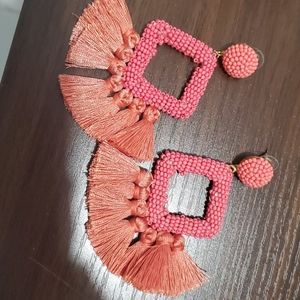 Pink beaded diamond earrings with tassel